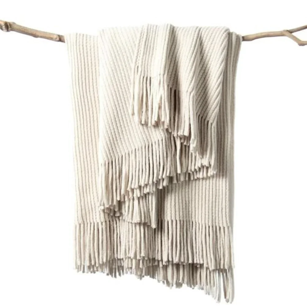 NEW West Elm Boho Cream Ivory Tassel Chenille Knit Throw Blanket - 50